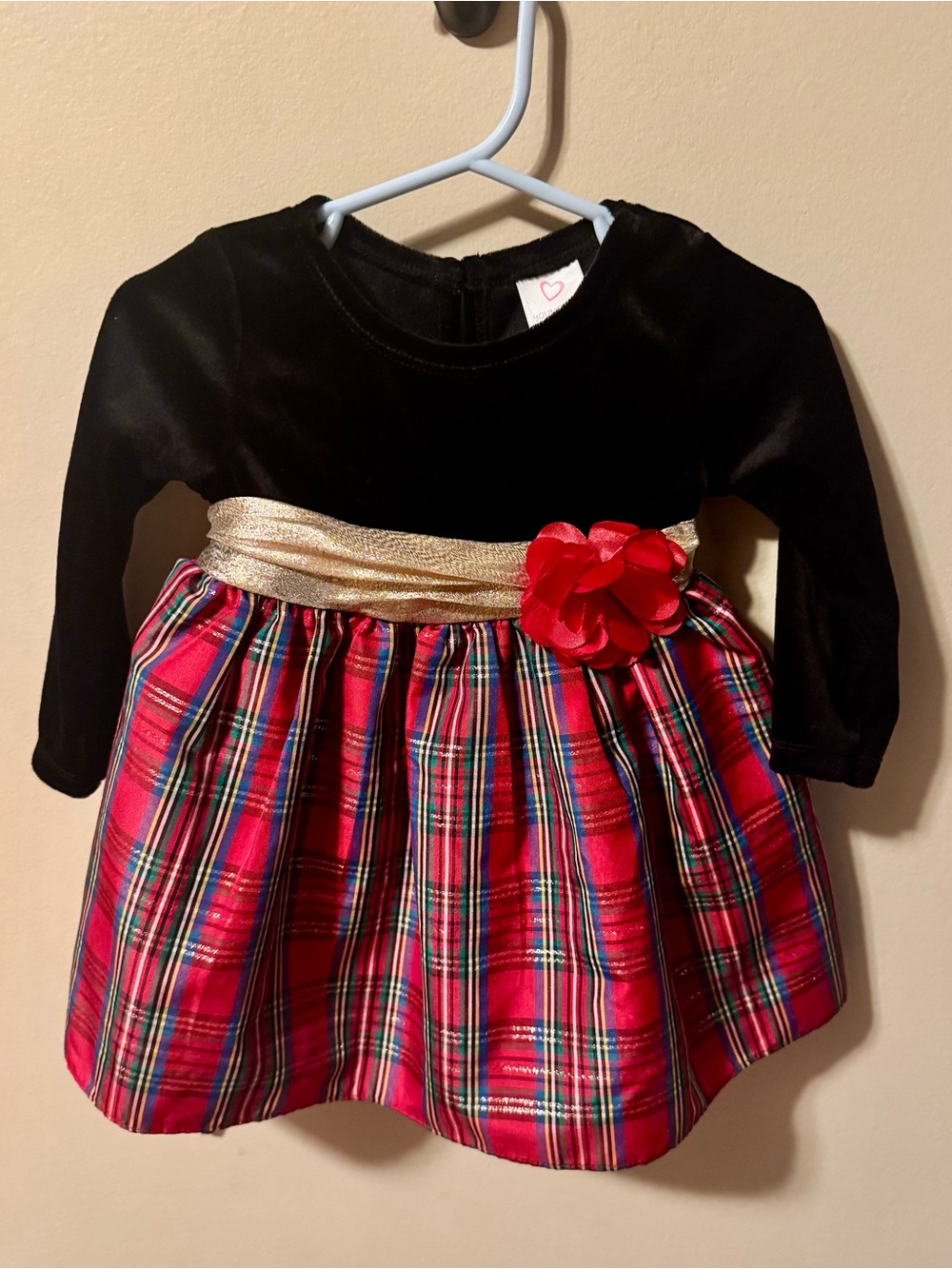 Black Velvet & Red Plaid Holiday Dress with Gold Sash